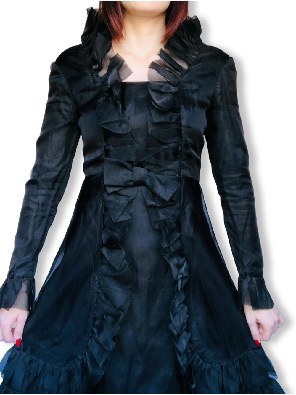 Vintage 1960's Black Sheer Organza Gothic Vampire Dress w Stand Up Collar
